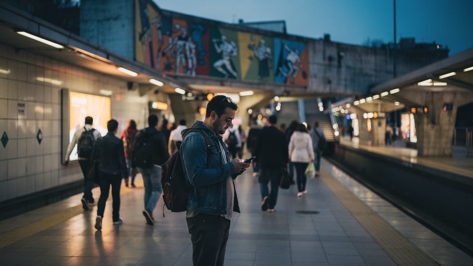 O platformă de metrou aglomerată din București, la ora de vârf, cu lumini calde de la trenuri și panouri publicitare, iar oamenii se grăbesc să prindă ultimul tren al serii.