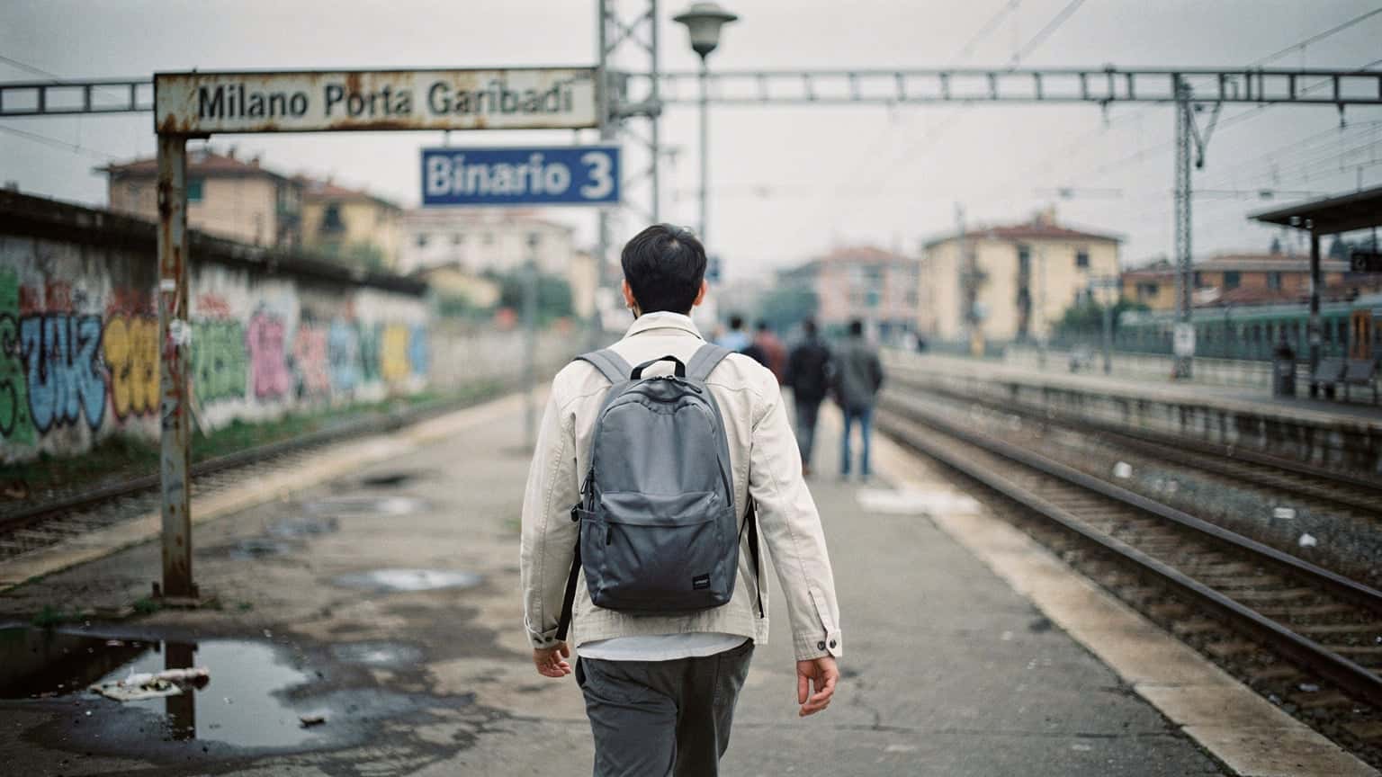 Peronul gării suburbane din Milano, dimineața, cu o persoană mergând spre tren, lumina difuză a soarelui pe plăcile de beton