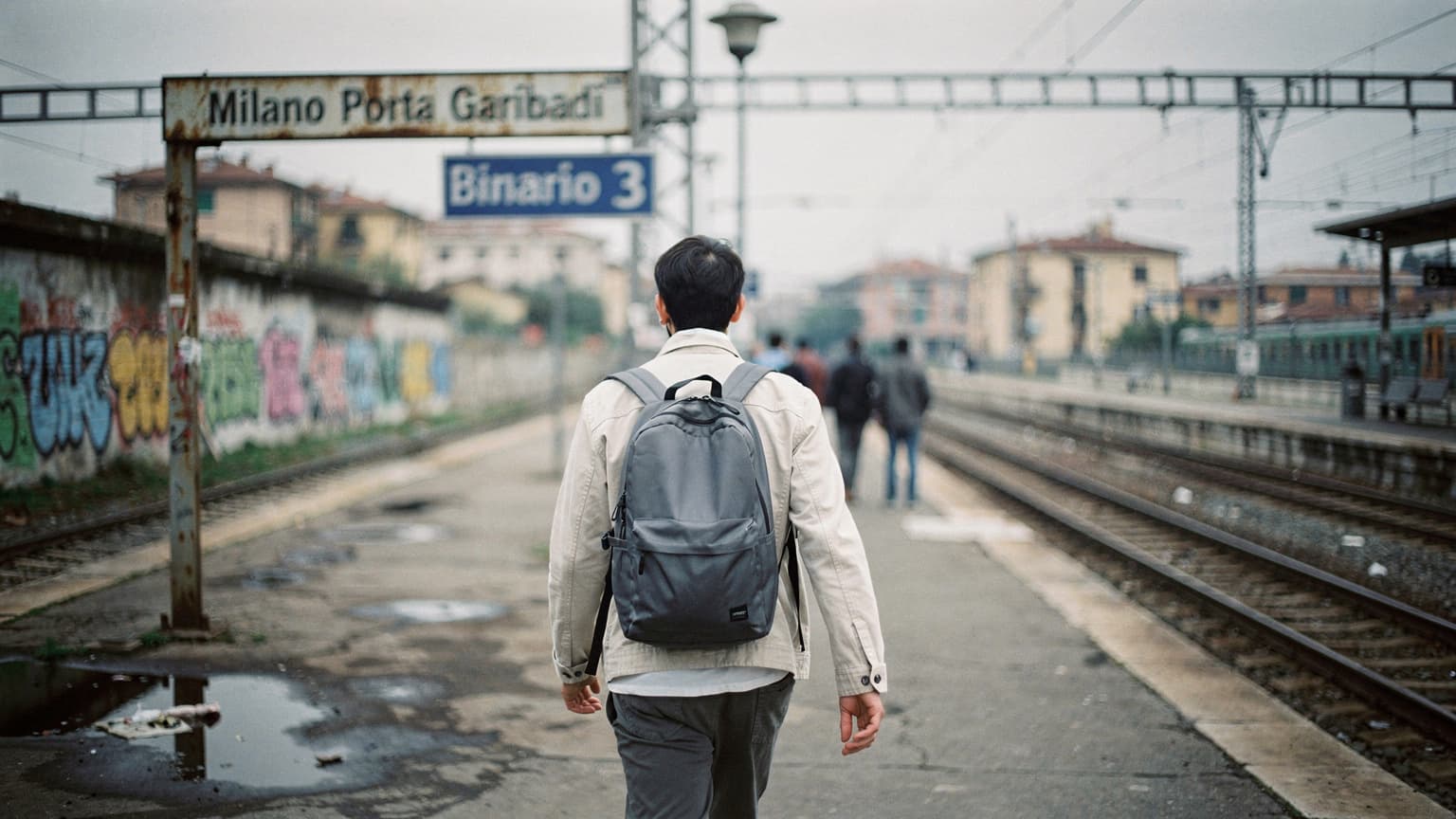 Peronul gării suburbane din Milano, dimineața, cu o persoană mergând spre tren, lumina difuză a soarelui pe plăcile de beton