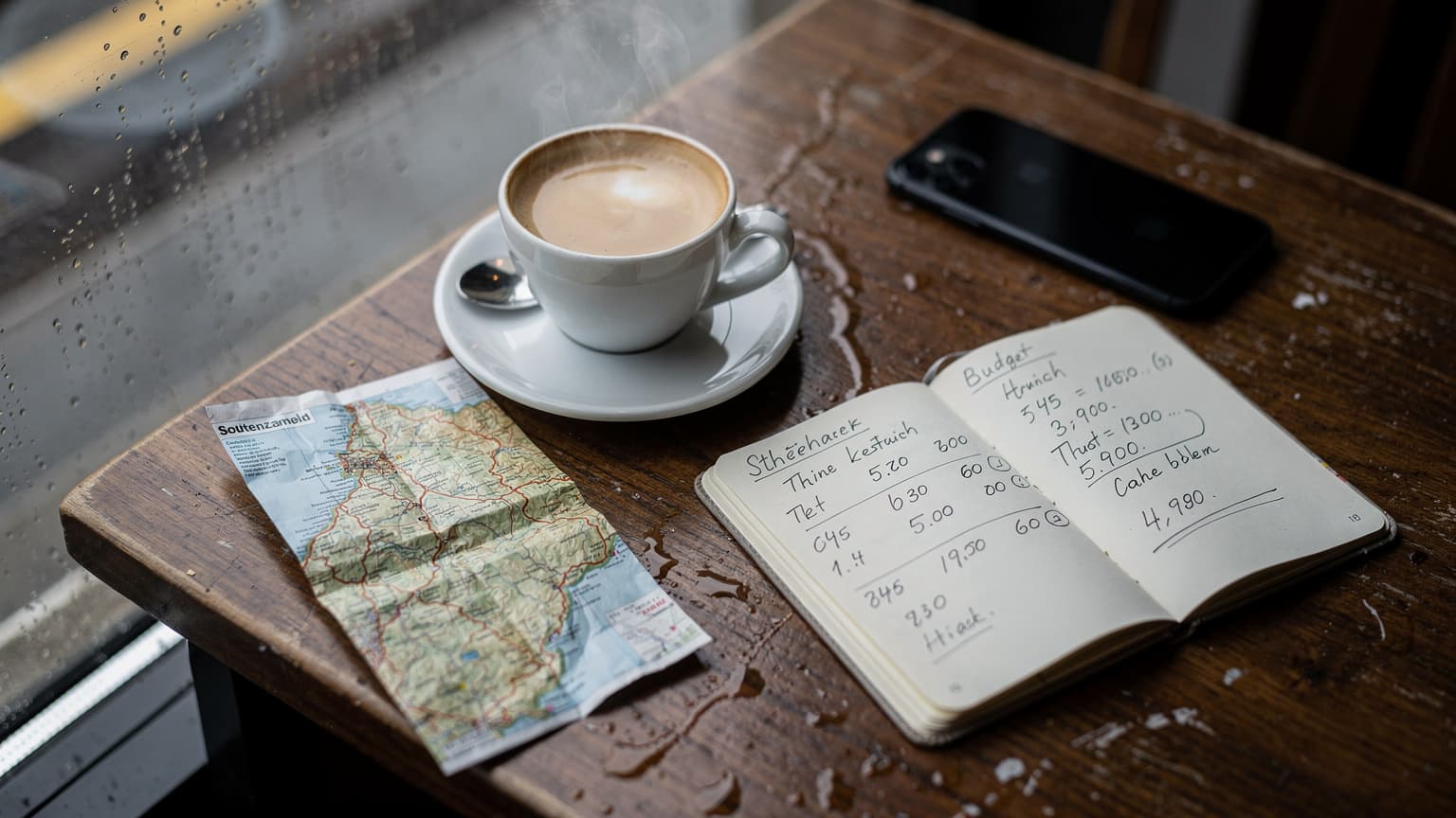 Masa de cafenea în Zurich, lângă gara Stadelhofen, cu o cafea, un notebook cu hârtii și un telefon întors cu fața în jos, lumină gri de ploaie