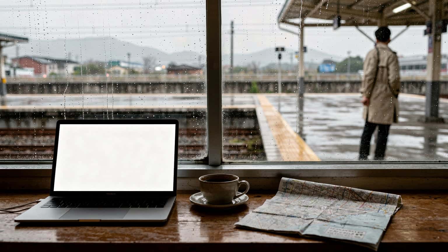 Laptop dan cawan kopi di atas meja tepi tingkap, pemandangan platform kereta api pinggir bandar Seoul pada waktu hujan, cahaya kelabu semula jadi.