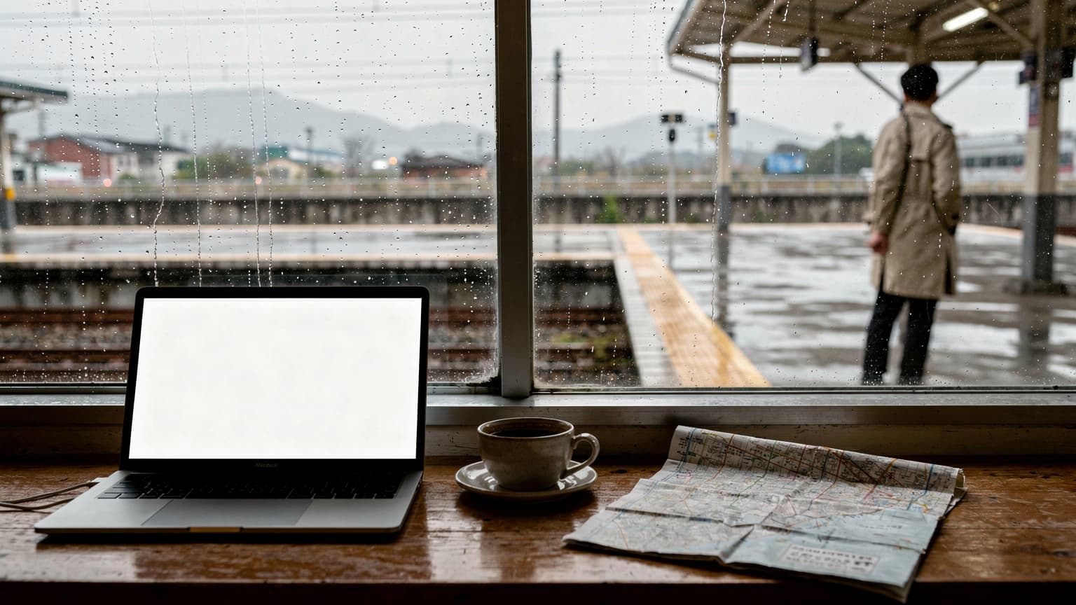 Laptop dan cawan kopi di atas meja tepi tingkap, pemandangan platform kereta api pinggir bandar Seoul pada waktu hujan, cahaya kelabu semula jadi.