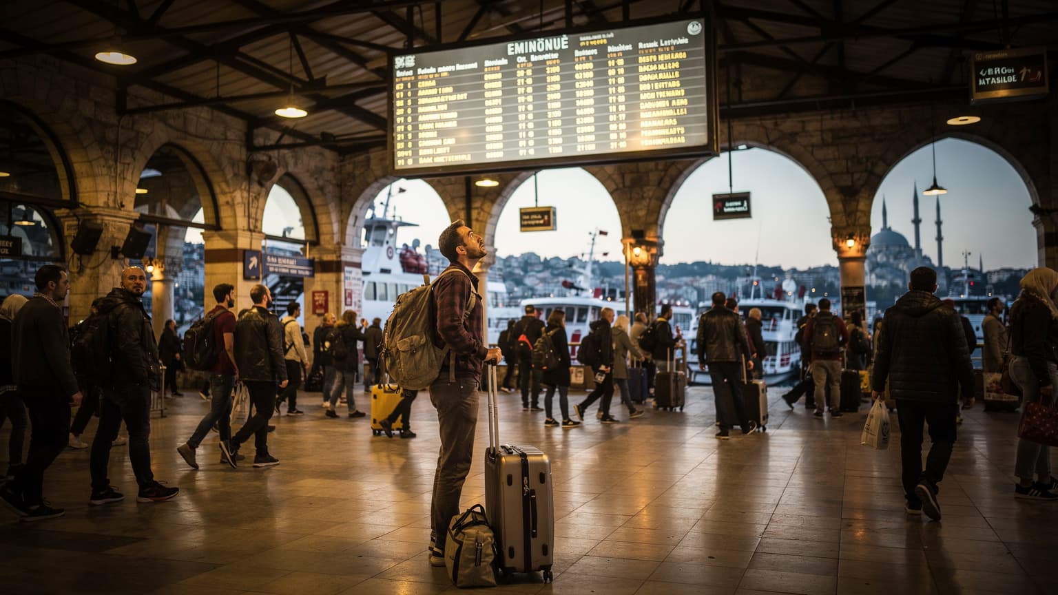 İstanbul'daki tarihi Eminönü İskelesi'ne yanaşan bir feribottan inen yolcuların siluetleri. Limanın üzerinde batan güneşin turuncu ve mor renkleri gökyüzünü kaplamış, hareketli liman hayatını yansıtan genel bir plan.
