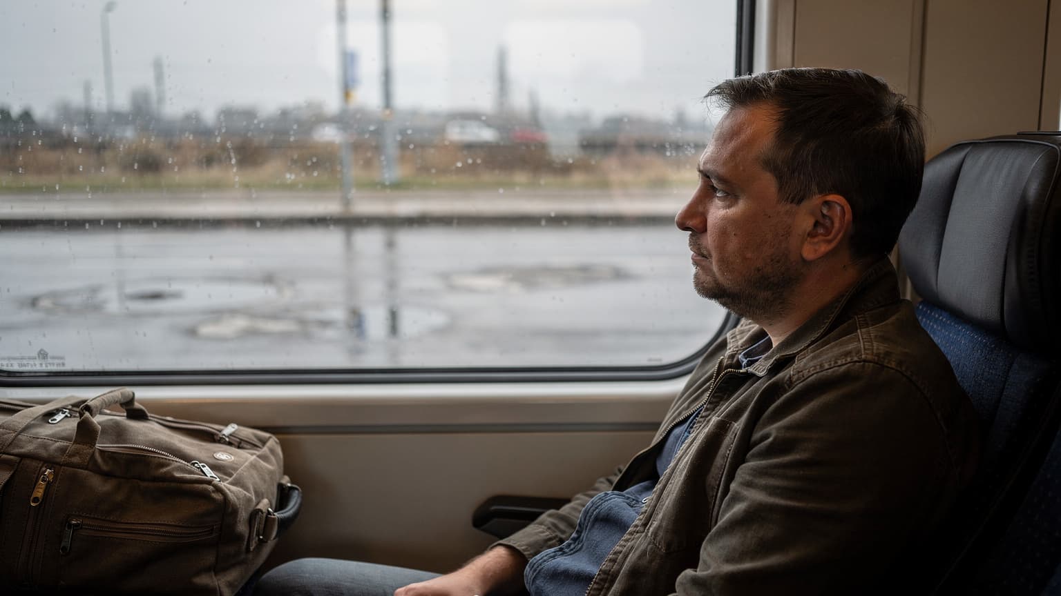 Набережна у Борисполі під дощем, подорожній дивиться у вікно потяга, сумка поруч, сіре світло