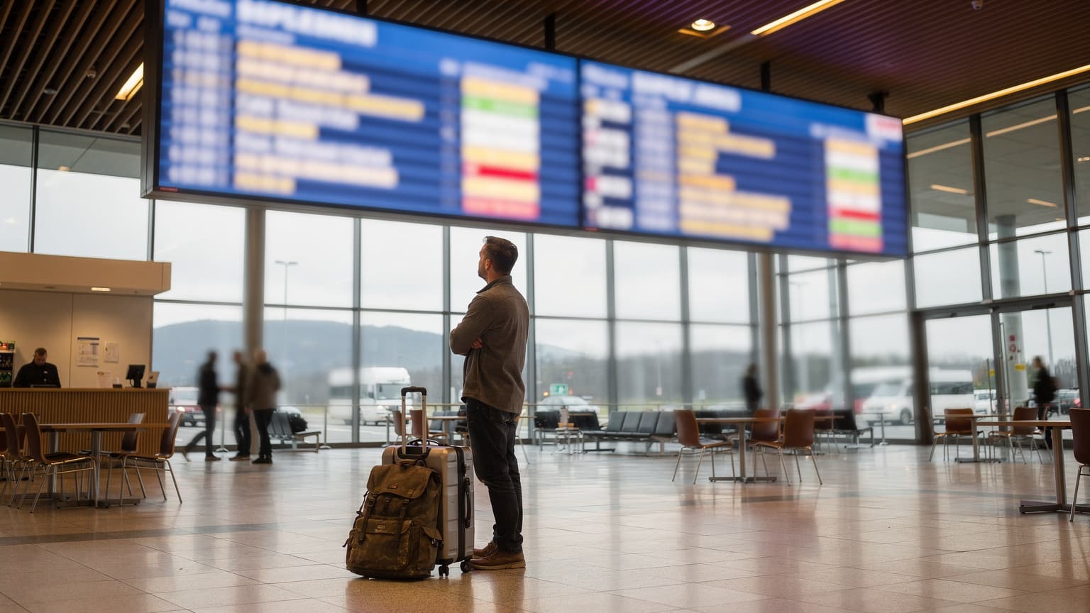 Eine belebte Autobahnraststätte in Süddeutschland am Morgen, mit einem Reisenden, der auf eine große digitale Anzeigetafel mit Abfahrten blickt, während sein Gepäck zu seinen Füßen steht.