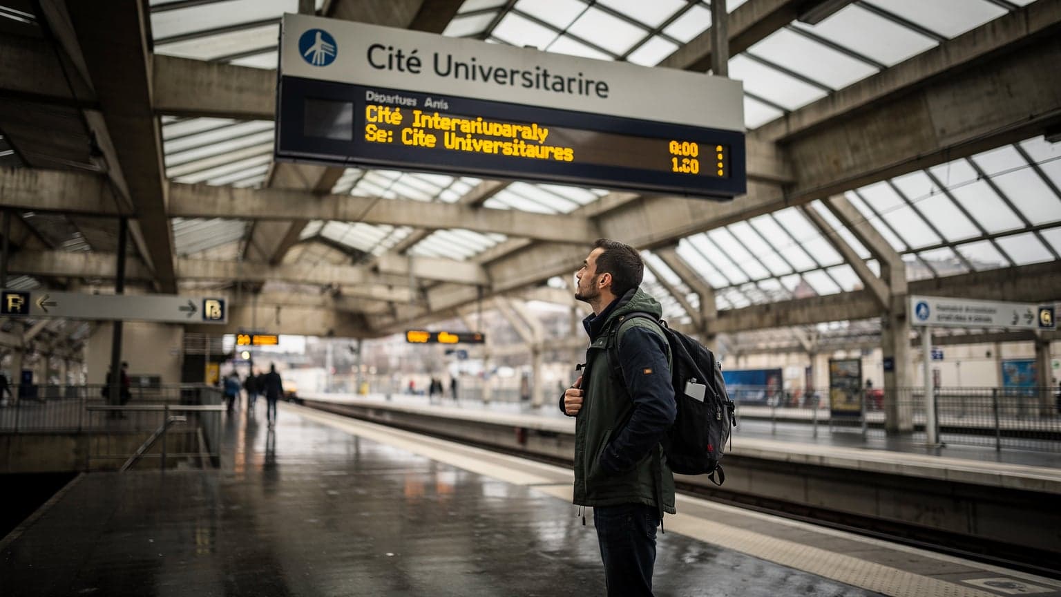 A traveler stands in a brightly lit, modern train station in France, looking up at an arrival and departure board with their luggage at their feet, as rain streaks down the large glass windows outside.