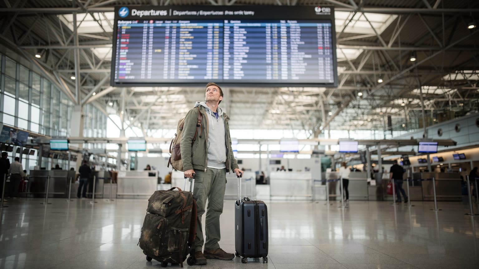 Bir seyahatçi Heathrow'daki bir kalkış panosunu incelerken, valizleri ayaklarının dibinde duruyor.