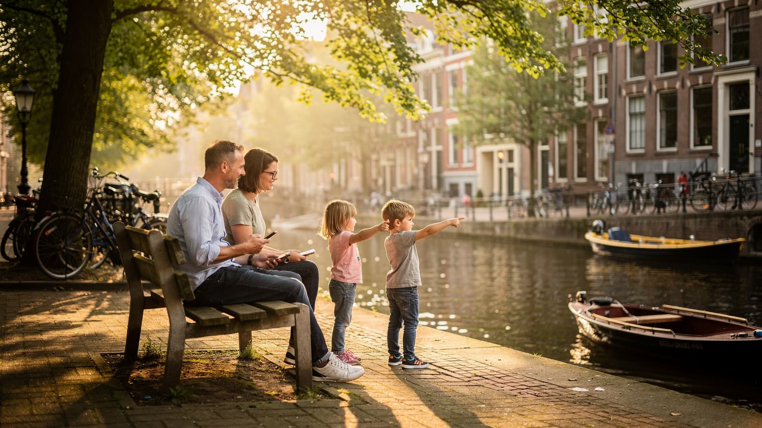 Een familie met twee kinderen, 4 en 10 jaar oud, lachend terwijl ze op een bankje langs de gracht in Utrecht zitten, met fietsen op de achtergrond en de avondzon die zacht door de bomen filtert, terwijl de ouders ontspannen een telefoon vasthouden maar er niet naar kijken.