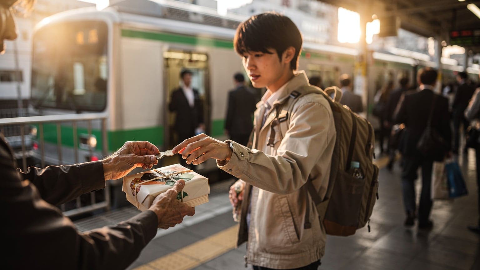 山手線のホームで夕日を浴びて、駅弁を買う旅行者の手元。スマホは写っていない。