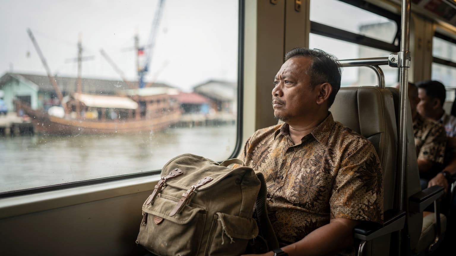 Penumpang kereta Commuter Line menatap jendela kaca saat melintasi pelabuhan Sunda Kelapa di Jakarta, tas ransel di kursi sebelah, langit mendung pagi hari