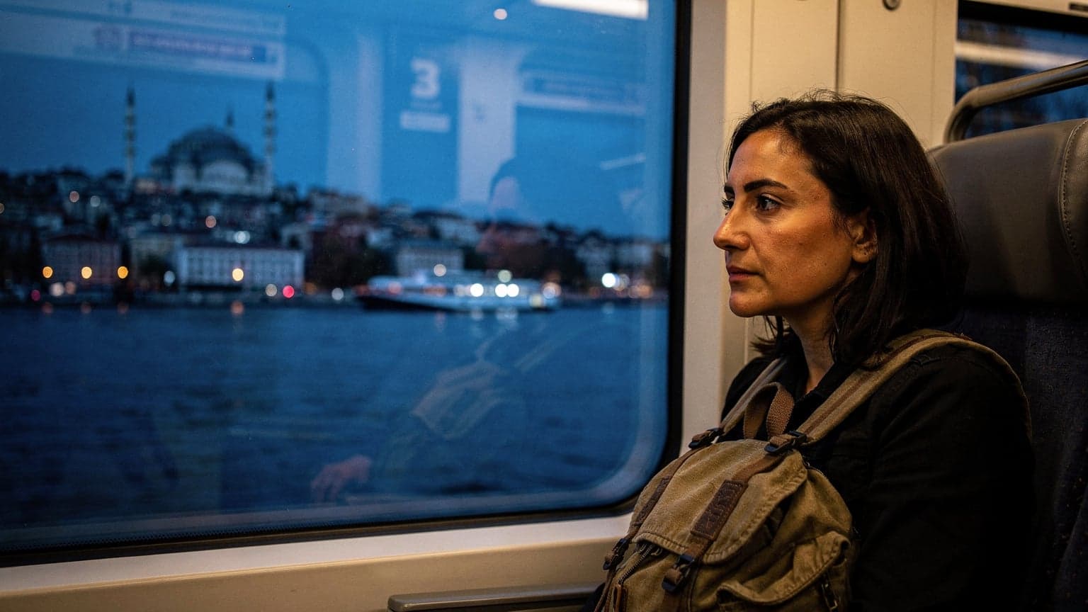 Kvinna med ryggsäck ser ut över Istanbuls hamn från ett fönster i en pendeltågsvagn under blå timmen efter solnedgången