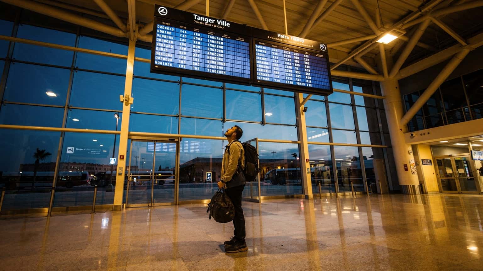 Viajante com mochila e saco de viagem lê o painel de partidas na estação de comboios de Tânger Ville ao pôr do sol, com o teto alto e iluminação azulada em volta