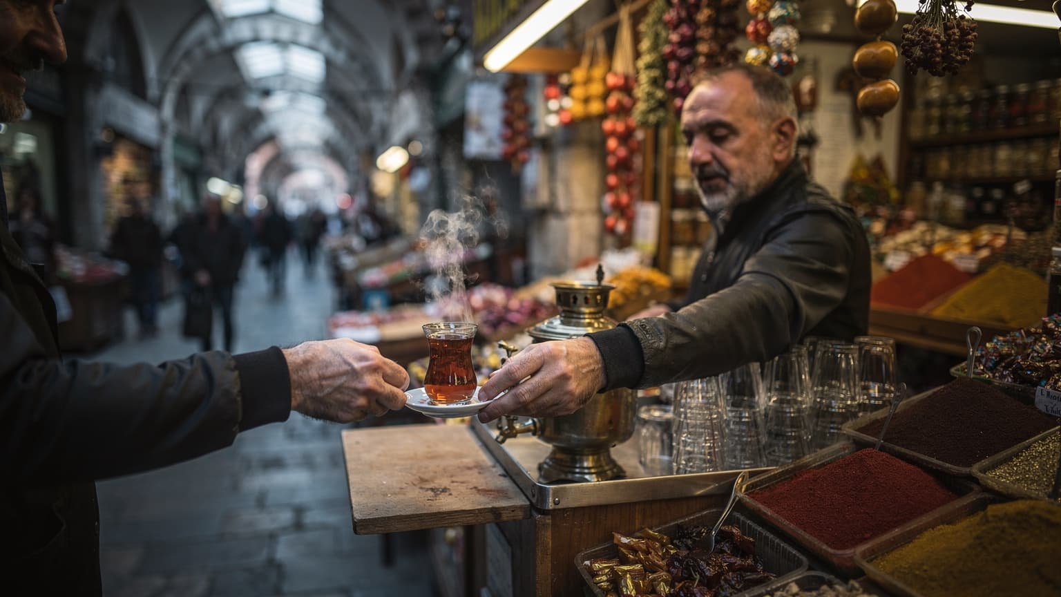 En lokal sælger rækker en lille, dampende kop tyrkisk te til en kundes hænder ved en travl tebod i Spice Bazaar i Istanbul ved daggry.