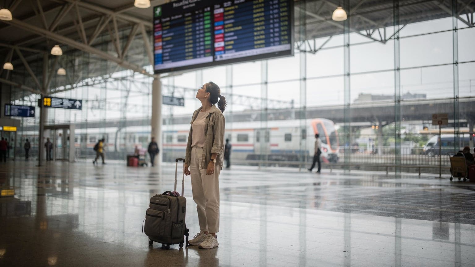 A lone traveler stands in a dimly lit arrival hall at Soekarno-Hatta International Airport in Jakarta, looking up at a large, grey departures and arrivals board with her luggage at her feet, outside the main terminal building where a suburban rail platform is visible under a wet, grey sky.