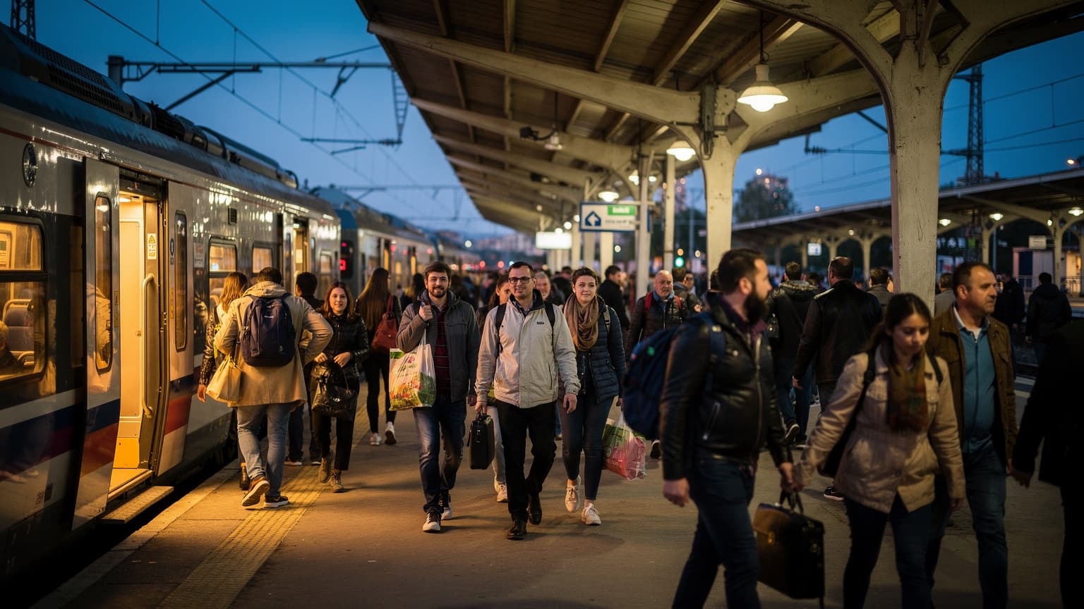 O platformă de gară aglomerată din București după lăsarea serii, cu lumini calde de la peroane și trenuri, reflectate în asfaltul umed, în timp ce oamenii se mișcă spre ieșire.