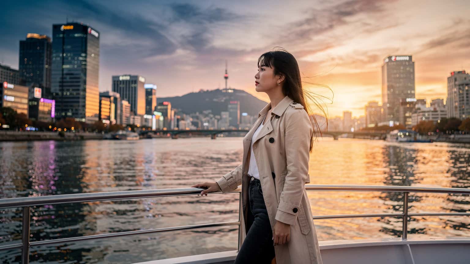 Du thuyền trên sông Hàn lúc hoàng hôn mùa thu, núi Namsan phía xa, người mẹ đứng tựa lan can thuyền, gió thổi bay mái tóc.