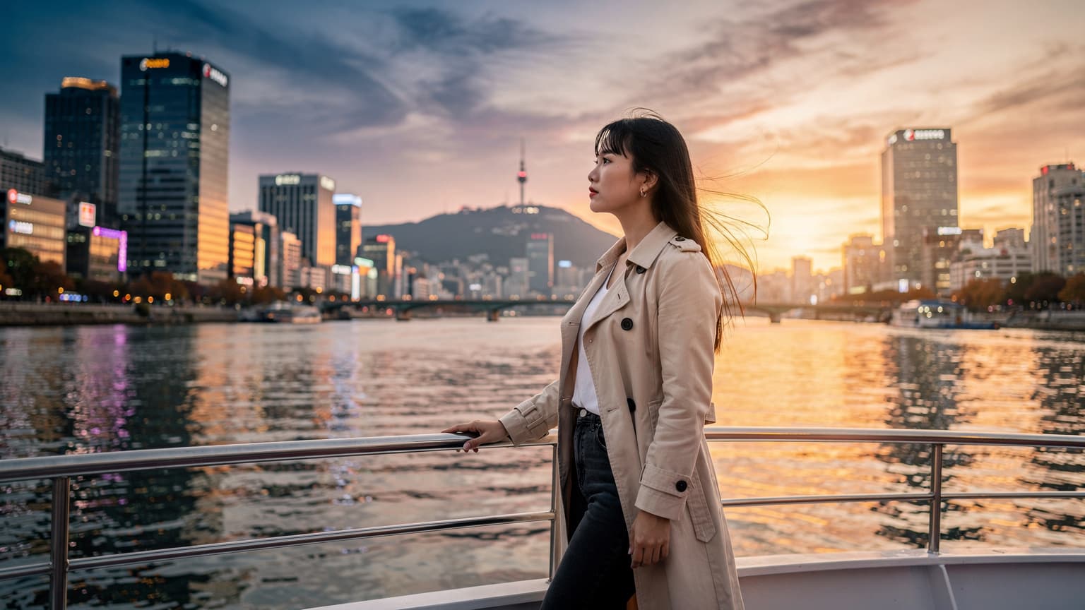 Du thuyền trên sông Hàn lúc hoàng hôn mùa thu, núi Namsan phía xa, người mẹ đứng tựa lan can thuyền, gió thổi bay mái tóc.