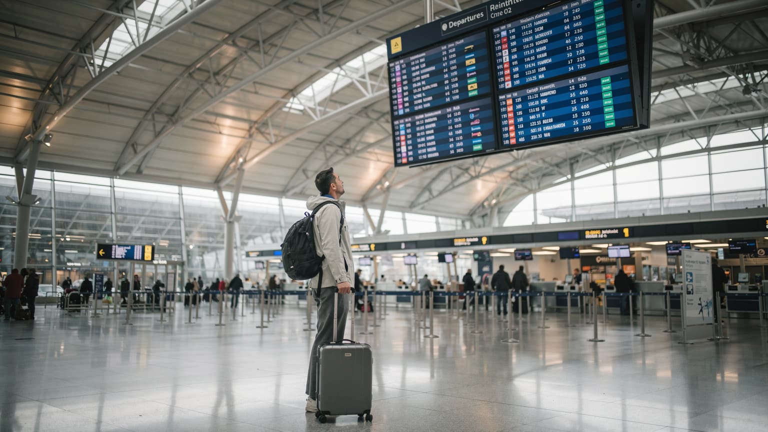 Heathrow Terminal 5'te gri, yağmurlu bir günde, bir yolcu bagajının yanında durmuş, yukarıdaki devasa kalkış panosuna bakıyor, tavan ve signage geniş bir açıyla kadrajda.