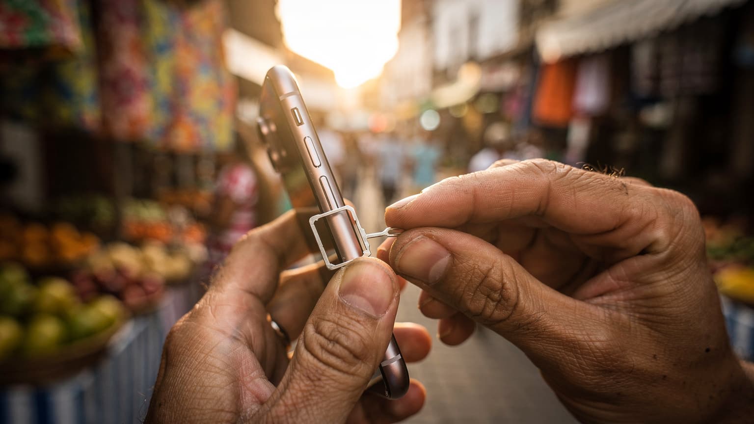Mãos de uma pessoa configurando um iPhone 11 à luz dourada de um mercado em Salvador, Bahia, com a tela virada para longe da câmera.