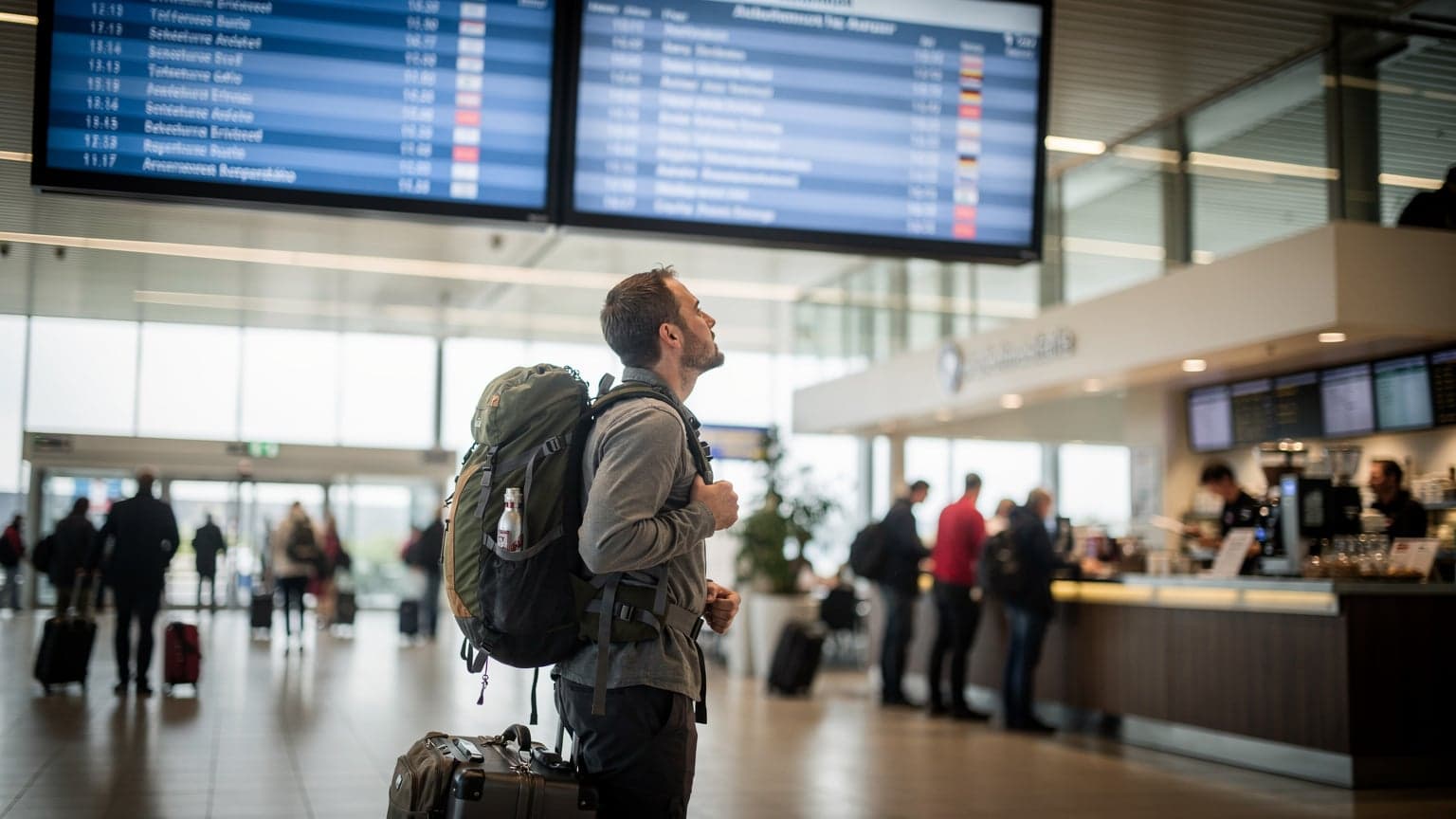 Ein Reisender mit Rucksack und kleiner Reisetasche liest aufmerksam eine große, digitale Anzeigetafel in einer belebten Autobahnraststätte in Süddeutschland am Vormittag.