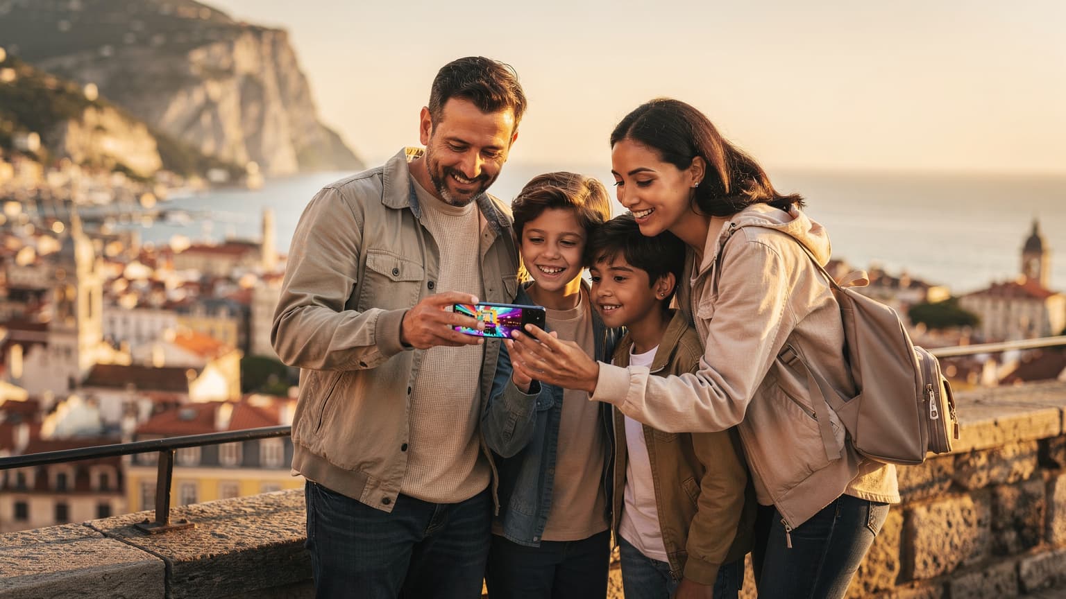 A diverse family of four (two adults, two children) on a scenic European city overlook during sunset, engaging with a smartphone, representing international travel and mobile connectivity.