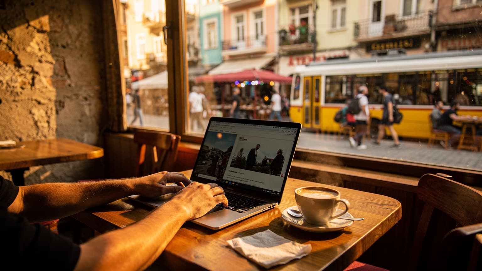 Kadıköy Çarşısı'nda bir kafenin penceresinden görünen hareketli sokağa nazır bir masada duran laptop ve kahve. Öğleden sonra güneşi içeri giriyor ve masaya uzun gölgeler düşürüyor.