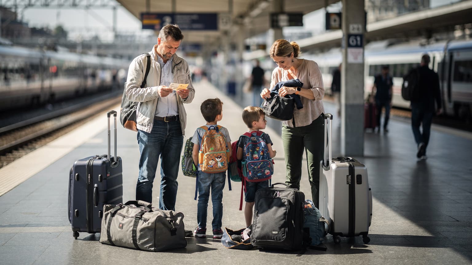 Famille avec bagages sur le quai de la gare de Lyon Part-Dieu, lumière dure de midi, ambiance de départ