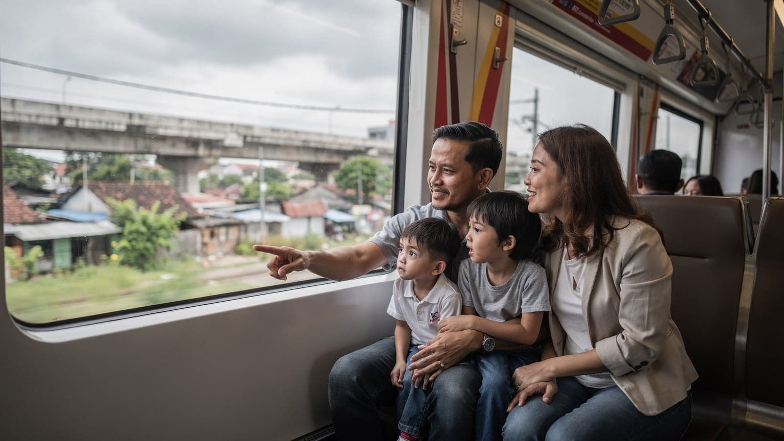 A family with two children sitting inside a train carriage in Jakarta, looking out the window as the suburban landscape of Cawang passes by, with soft overcast morning light filtering through.