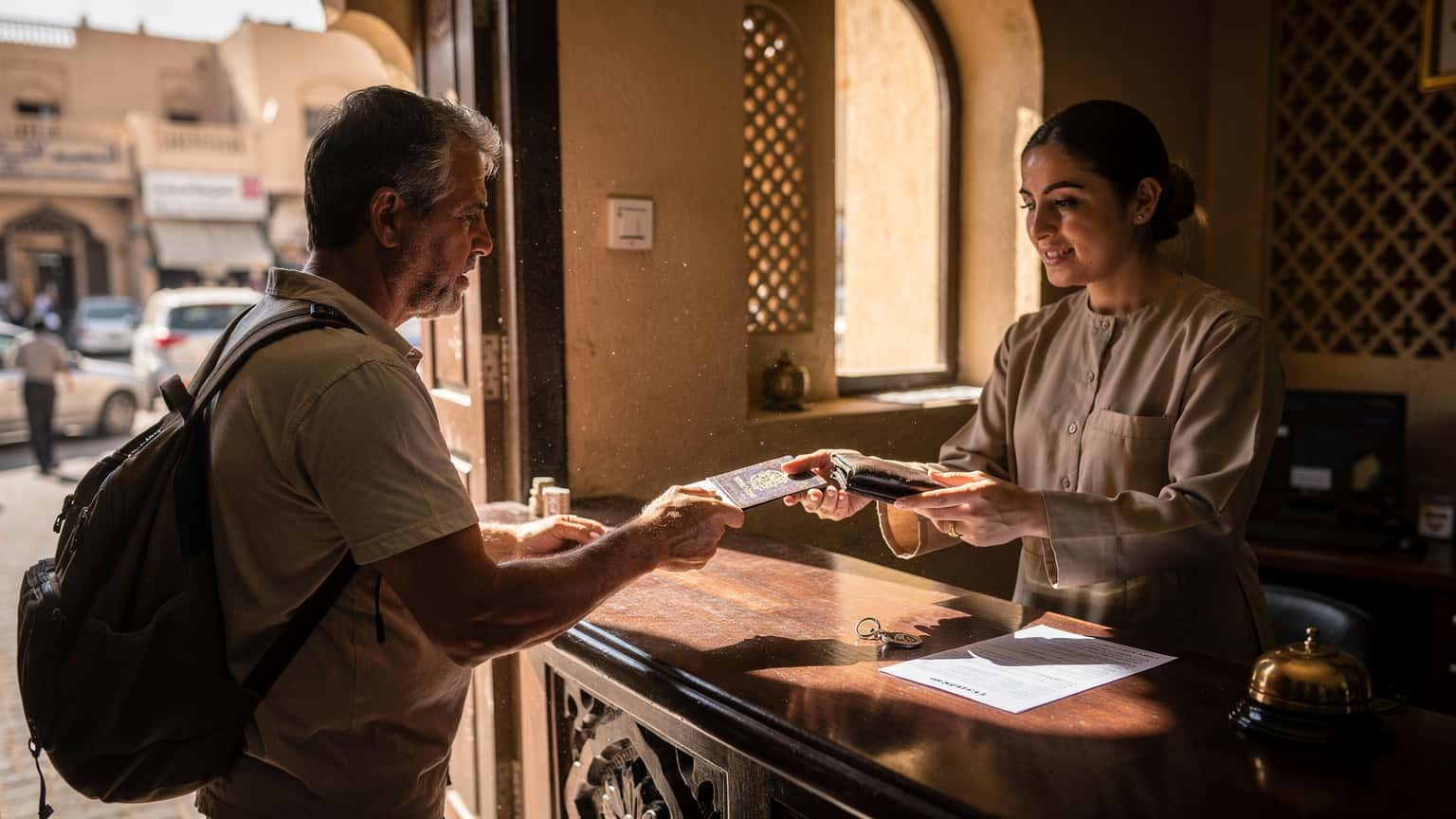Een reiziger checkt in bij een kleine, traditionele hotelreceptie in de wijk Salmiya, Koeweit, met sleutels en handgeschreven papieren op de balie onder de harde middagzon.