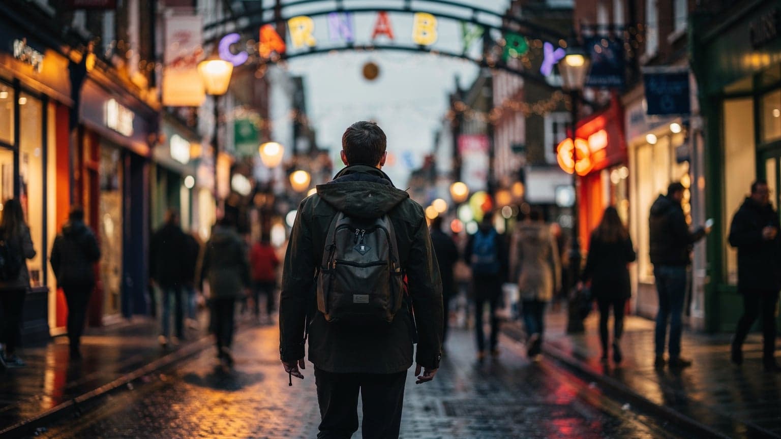 Eine belebte Londoner Einkaufsstraße, Carnaby Street, nach Einbruch der Dunkelheit im Spätsommer 2026, mit leuchtenden Schaufenstern und der Bewegung von Passanten, die sich durch die Szene schlängeln.