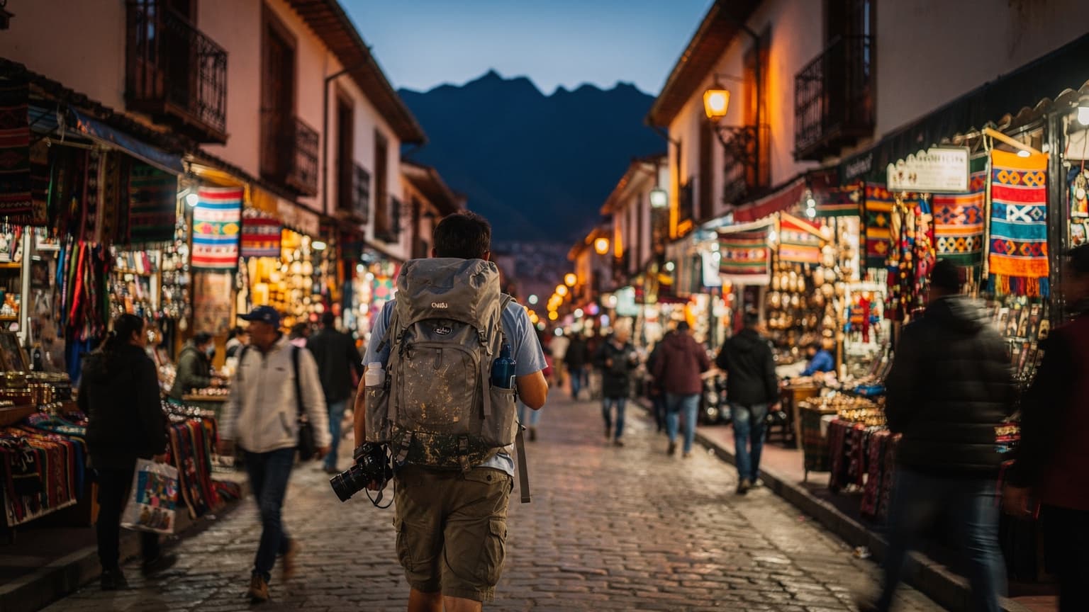 La Paz'daki Calle Sagarnaga'da akşam karanlığında hareketli bir cadde, el yapımı eşyalar satan tezgahlar ve yerel halkın hareketliliği, uzun pozlamayla bulanıklaşan insan silüetleri.