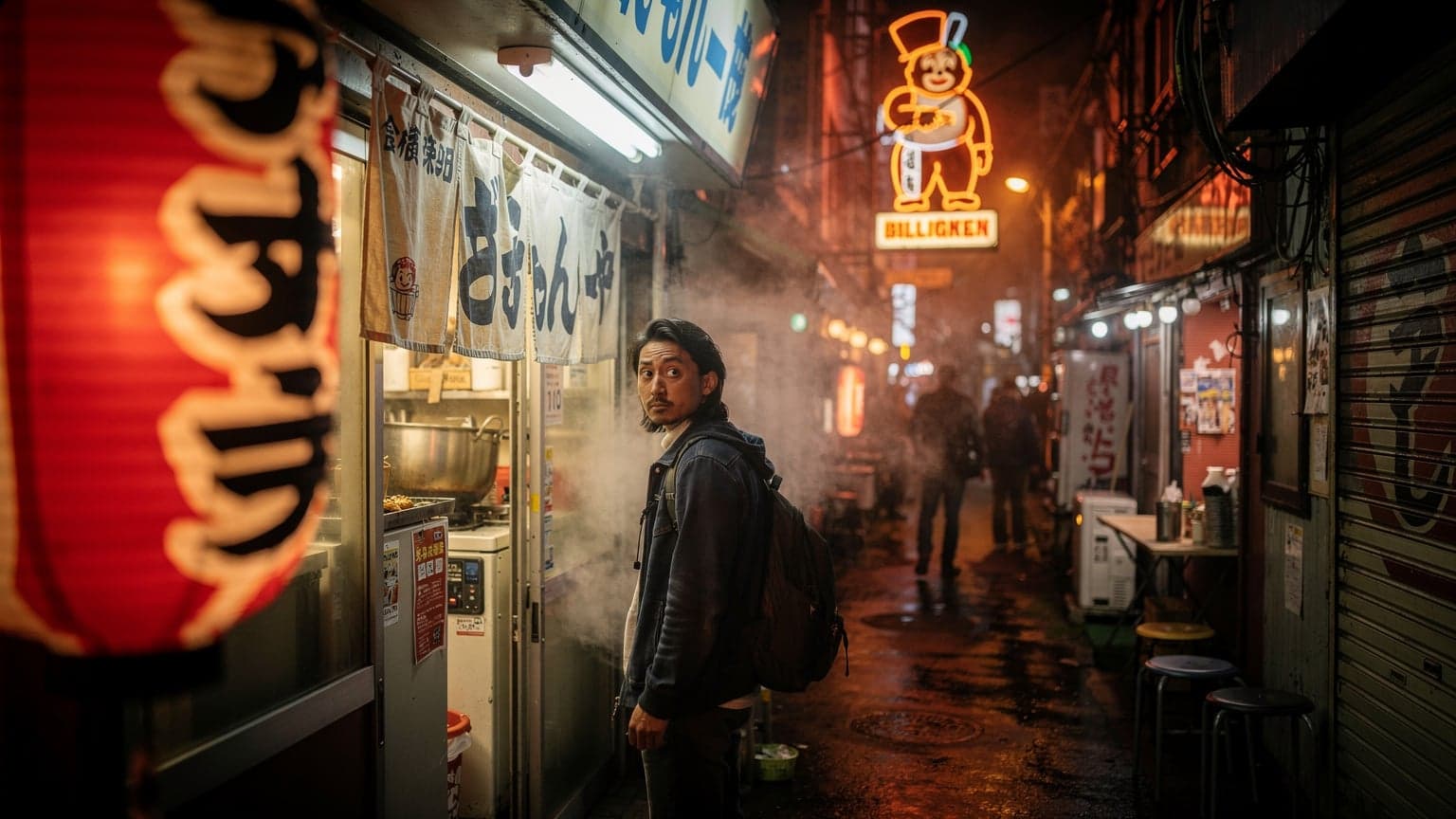 夜の新世界ジャンジャン横丁で、串カツ店の暖簾をくぐる旅行者。ネオンが路地を照らし、大阪の下町情緒がにじむ。