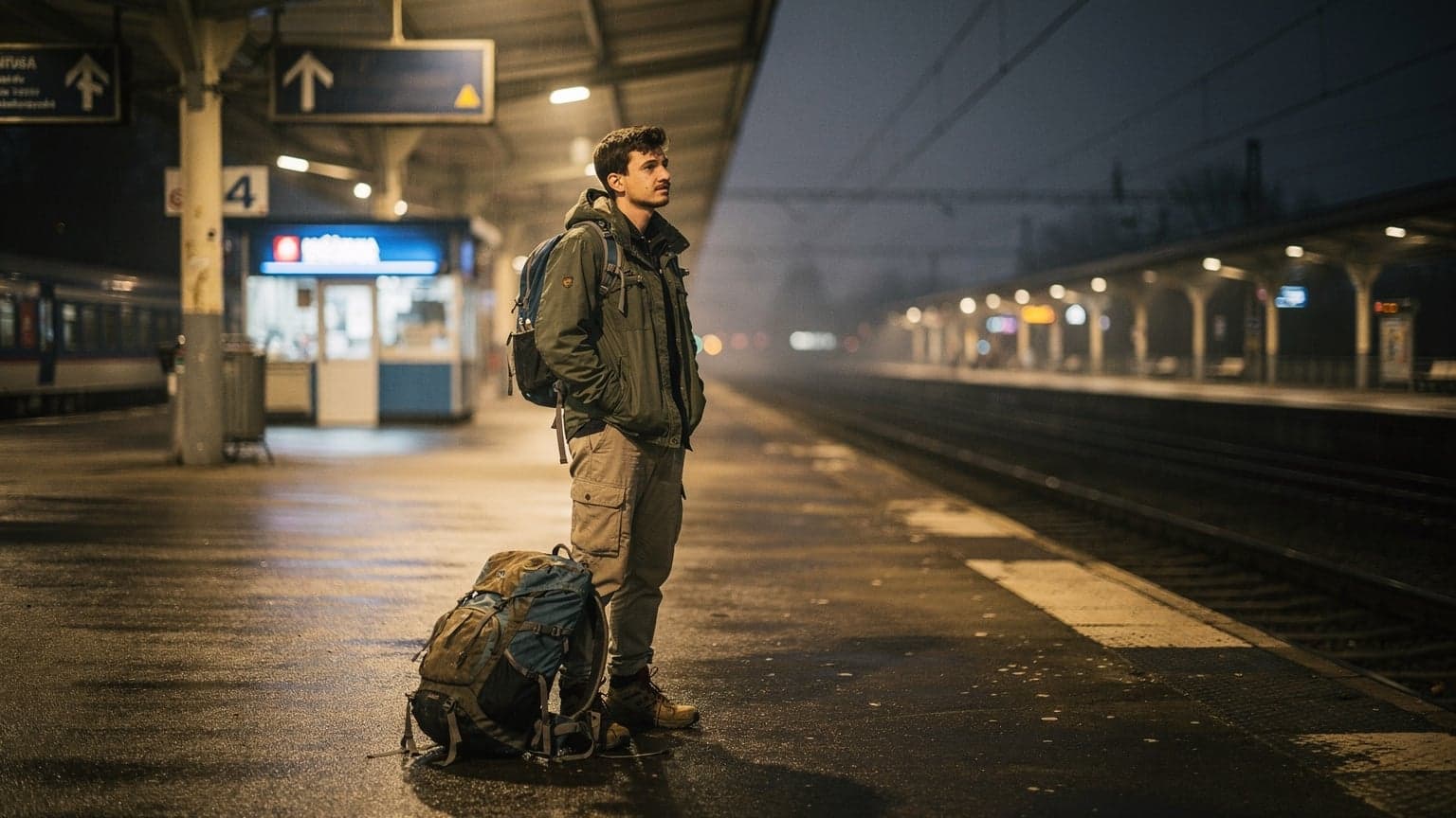 Mladý batôžkár čaká na nočný vlak na železničnej stanici v Košiciach, batožina pri nohách, zamyslený pohľad do diaľky, slabé neónové osvetlenie.