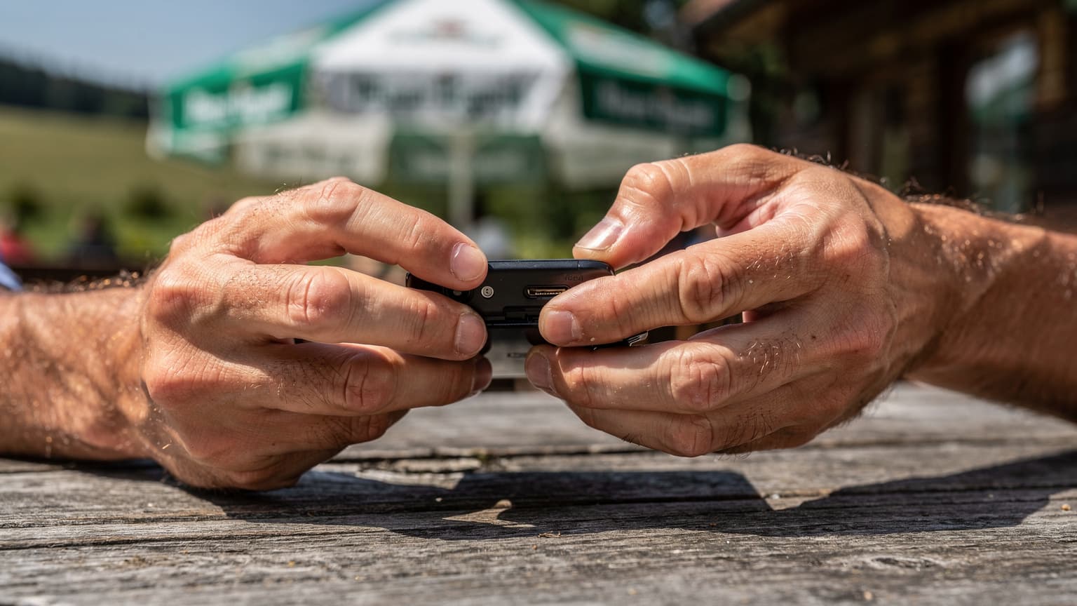 Cestovatel u venkovské hospody ve středních Čechách drží telefon s eSIM, obrazovka je otočená od kamery