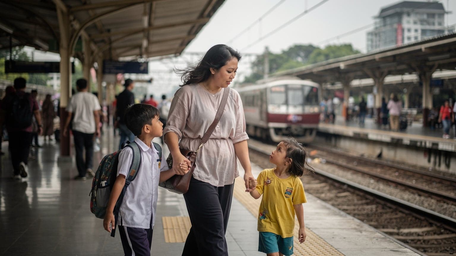 Bir Endonezya banliyö tren istasyonunda hareketli kalabalık, akşamüstü yumuşak ışıklarla aydınlanmış, bir anne çocuklarının elinden tutmuş.