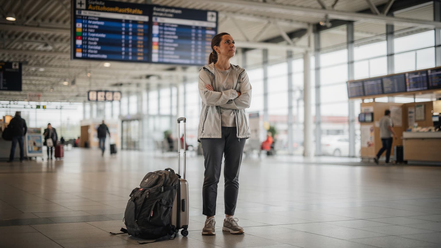 Eine Reisende prüft auf einer Autobahnraststätte bei München die Abfahrtszeiten auf einer großen Anzeigetafel, mit Gepäck zu ihren Füßen und der Autobahn im Hintergrund. Der Morgen ist weich und bedeckt.
