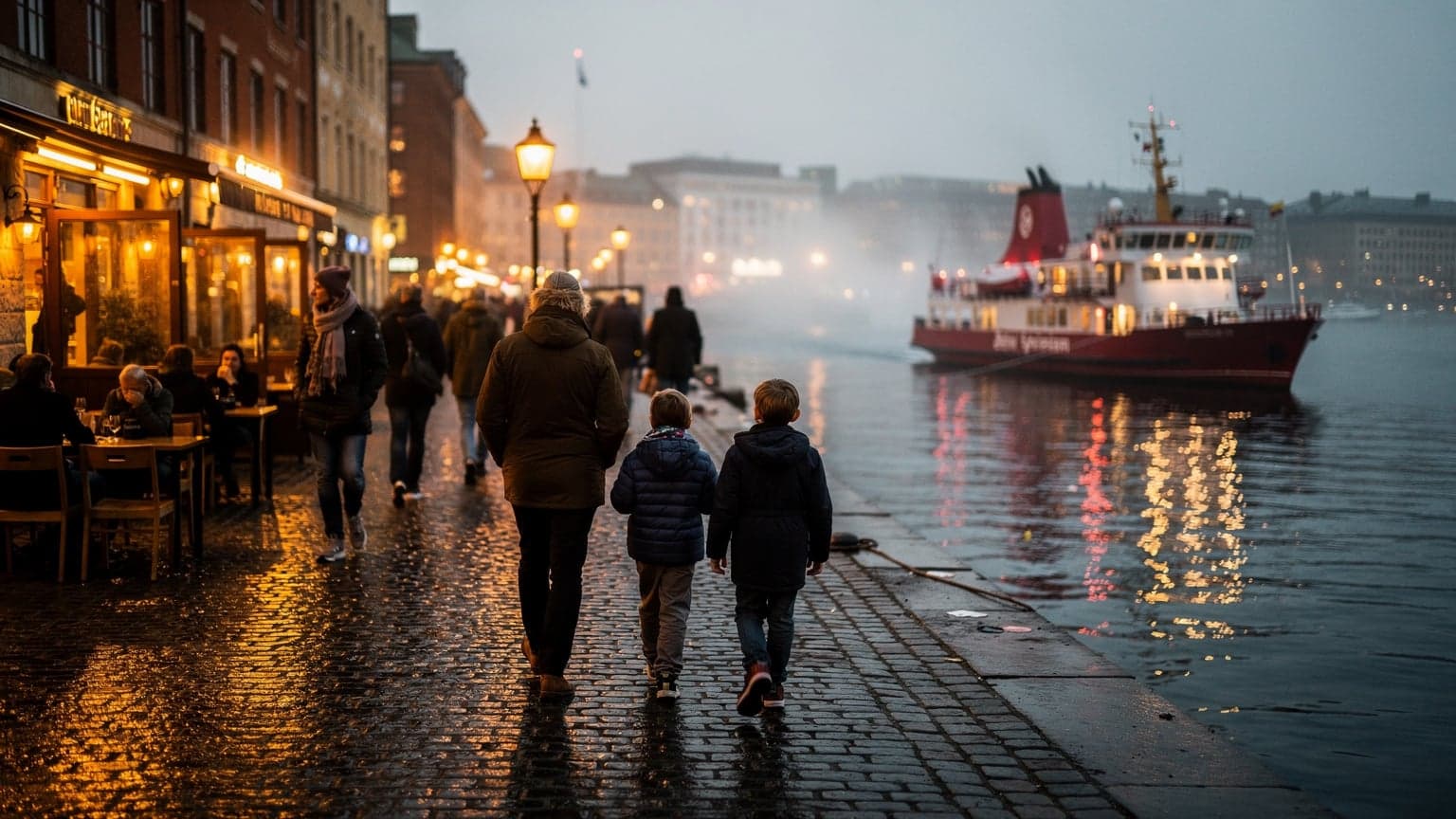Kvällsbelyst hamnpromenad i Göteborg med människor i rörelse och restaurangskyltar som lyser i skymningen