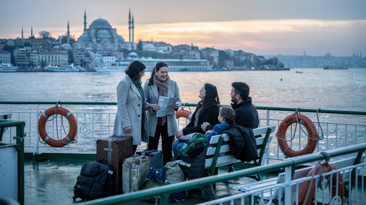 İstanbul Boğazı'nda gün doğumunun ilk ışıklarında, bir vapurdaki aile üyeleri, çantalar ve montlar arasında, seyahat planlarını son kez kontrol ediyor.