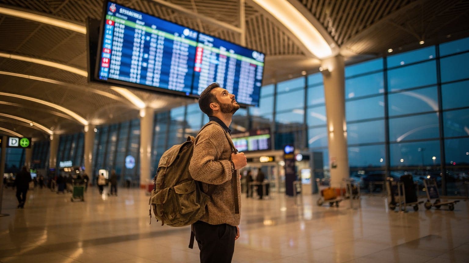 İstanbul Havalimanı dış hatlar terminalinde, mavi saatte, bir yolcu bagajlarının yanında kalkış ve varış panosuna bakıyor. Çatı ve tabelalar çerçeve içinde, hareketli bir atmosfer.