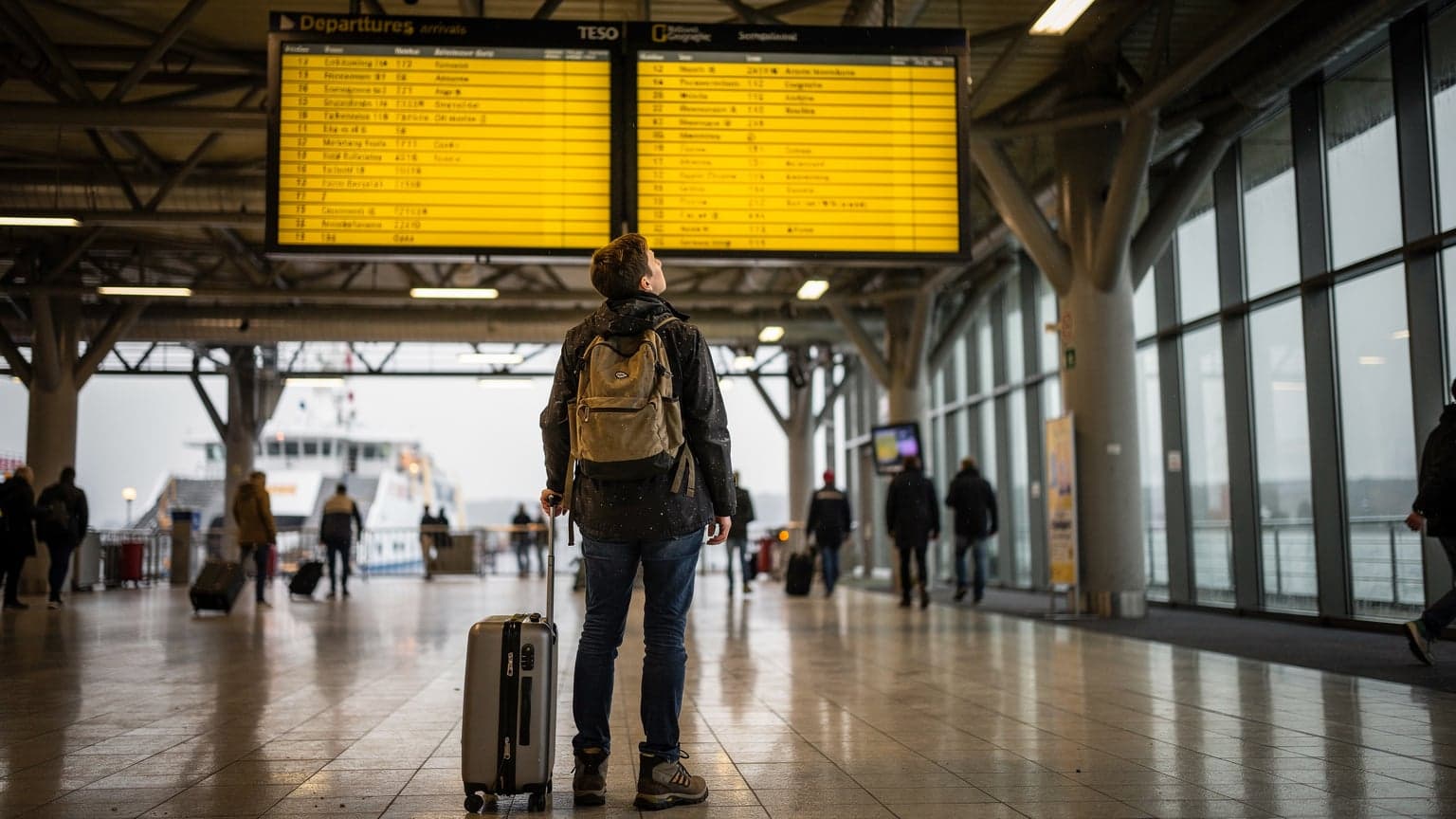 Een reiziger staat in een drukke aankomsthal van een veerterminal op Texel, kijkt omhoog naar een groot geel informatiebord met vertrektijden, met natte vloeren en grijs licht van buiten. Bagage ligt aan de voeten.