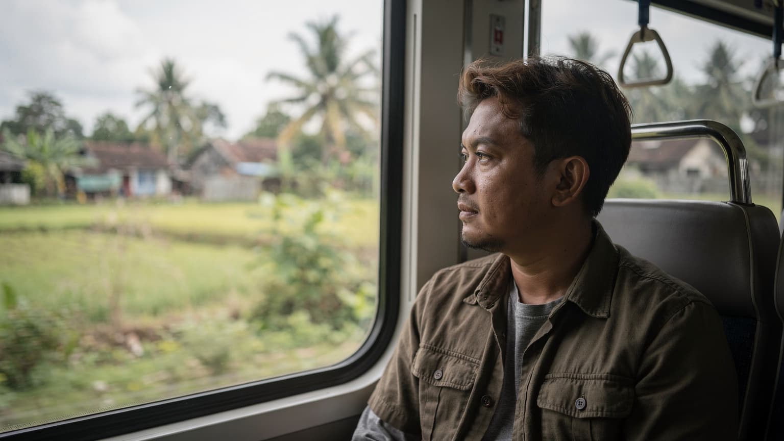 A lone traveler gazing out of a train window as the Indonesian countryside blurs past, their travel backpack resting on the seat beside them.
