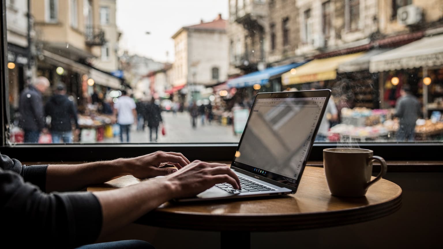 Kadıköy çarşısında bir kafenin penceresinden görünen hareketli sokak manzarası eşliğinde, bir laptop ve kahve kupasının olduğu çalışma masası.