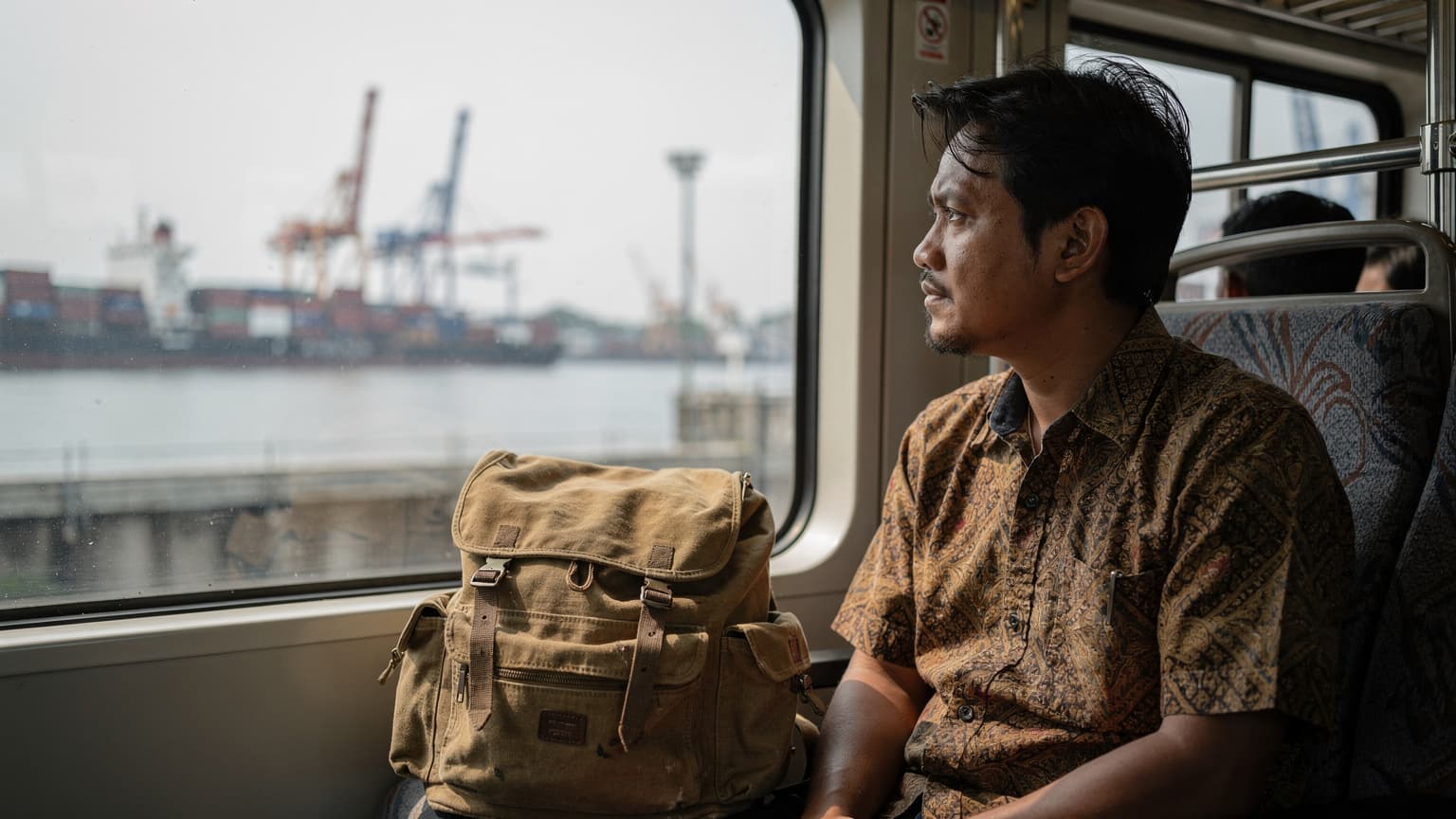 Seorang penumpang kereta commuter melihat ke luar jendela kaca, tas ransel di kursi sebelah, latar pelabuhan Tanjung Priok dengan kapal kontainer di kejauhan, cahaya pagi yang redup masuk dari atas.