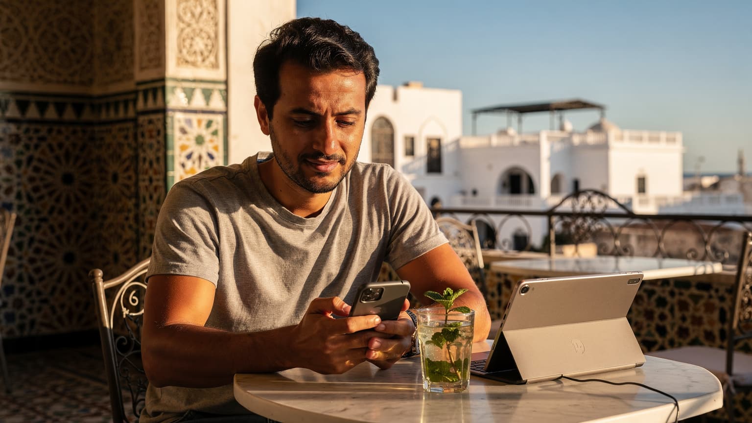 A digital nomad, a person in their 30s, sits at a modern outdoor cafe in Algiers, Algeria, with traditional architecture in the background. They are holding a smartphone and looking at the screen, with a laptop nearby. The scene is bathed in warm, natural light, conveying a sense of focus and travel.