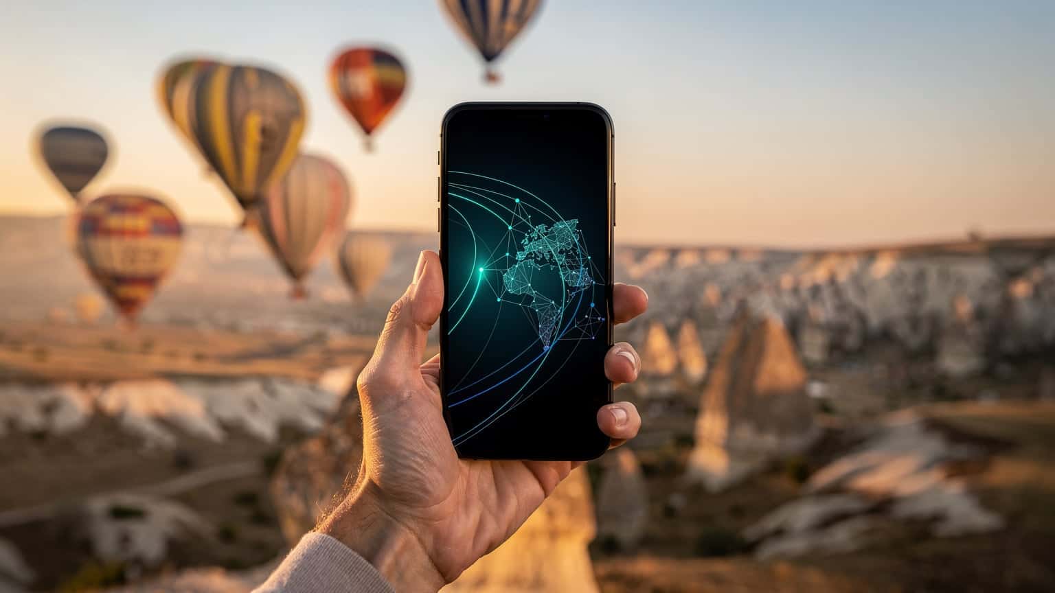 A close-up of a hand holding a modern smartphone with an abstract, glowing digital display, set against the softly blurred background of numerous hot air balloons rising over the unique landscape of Cappadocia, Turkey, at sunrise. The image conveys modern travel and connectivity.