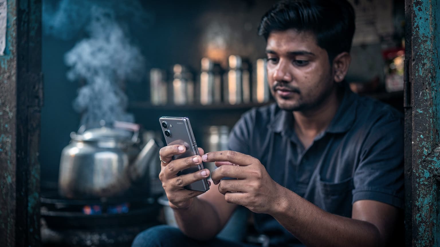 बेंगलुरु के इंदिरानगर में चाय की दुकान पर एक यात्री अपने Samsung Galaxy Fold 6 पर eSIM QR कोड स्कैन करते हुए, स्क्रीन कैमरे से दूर