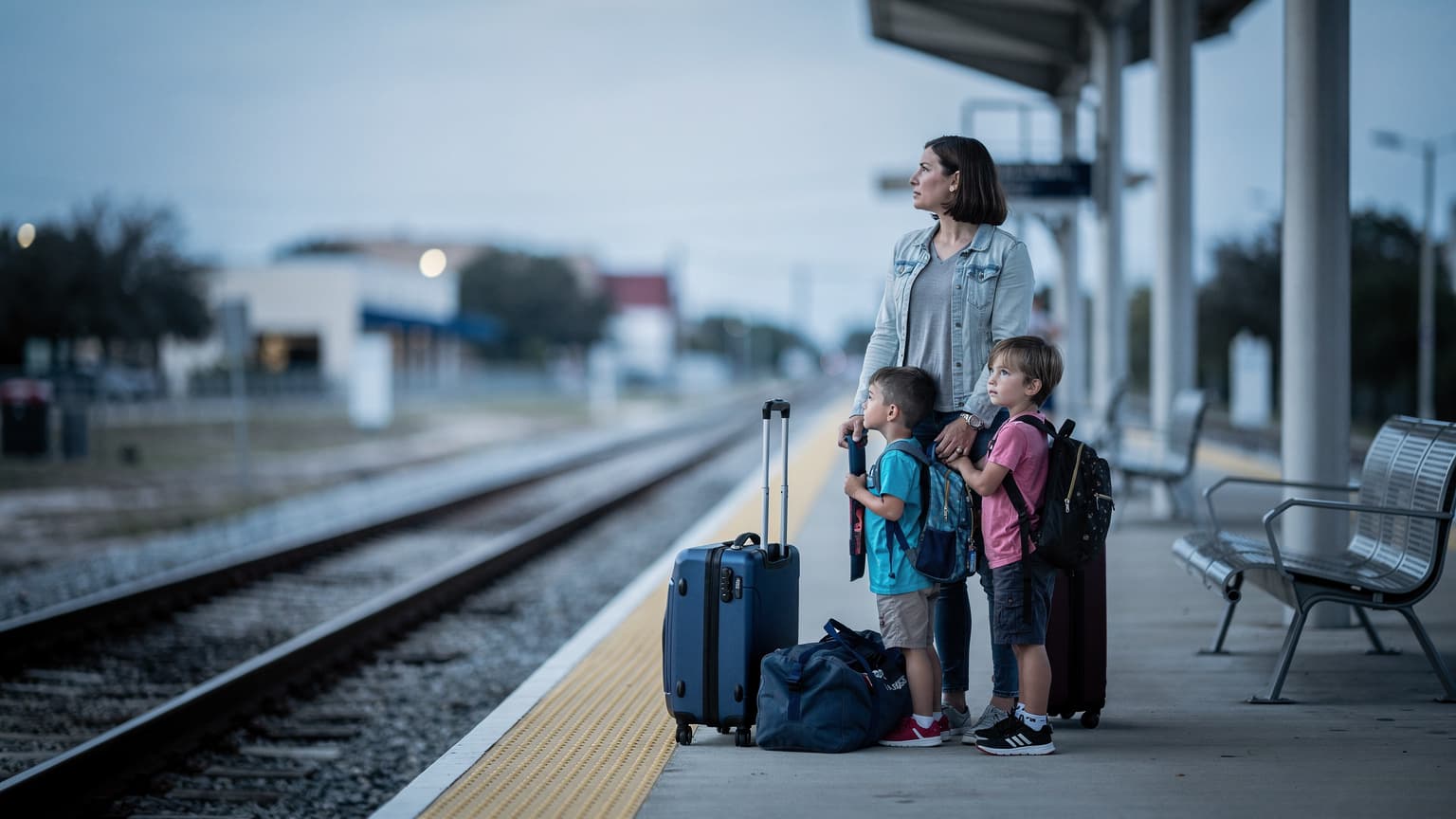 Pessoa esperando em uma plataforma de trem em Orlando ao amanhecer, com malas e olhar pensativo, luz fria e espaço aberto