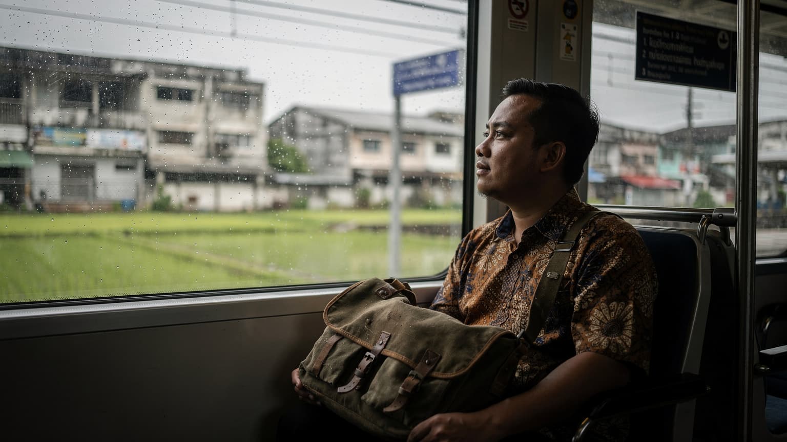 Penumpang Melayu memerhatikan landskap luar tingkap kereta api komuter di pinggir bandar Bangkok, beg diletak di kerusi sebelah, cahaya hujan kelabu menerpa kaca