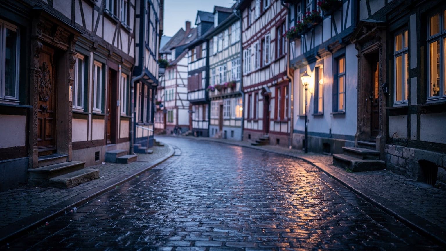 Ein ruhiges, gepflastertes Kölner Altstadt-Gässchen in der blauen Stunde, mit geschlossenen Holztüren und historischen Fensterläden, sanft beleuchtet.