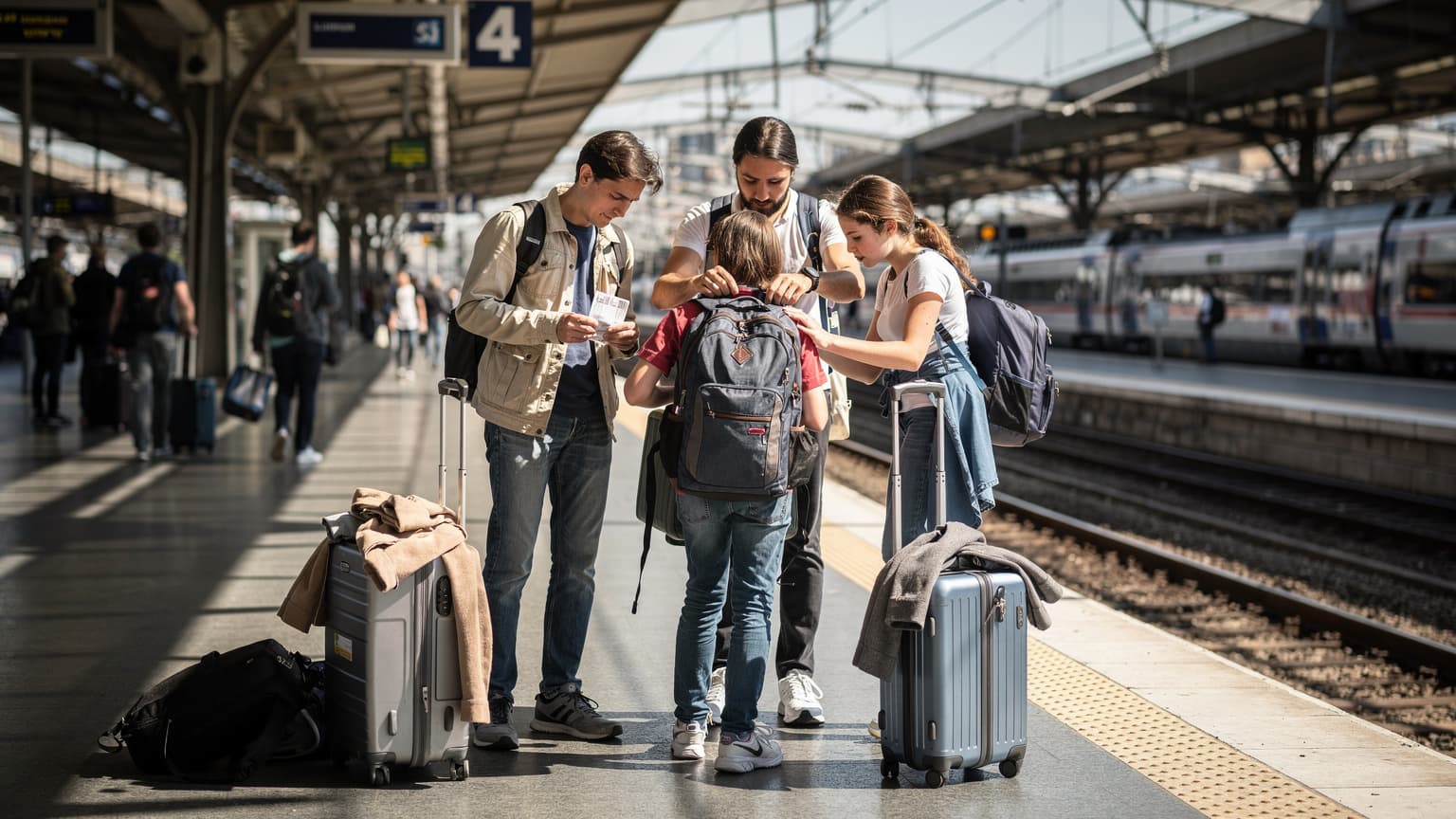 Une famille en train de trier ses bagages sur le quai d'une gare animée à Lyon Part-Dieu, sous le soleil de midi, avec des ombres marquées.